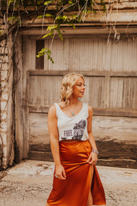 The Brazos Midi Skirt in Rust
