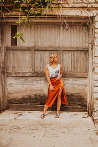 The Brazos Midi Skirt in Rust
