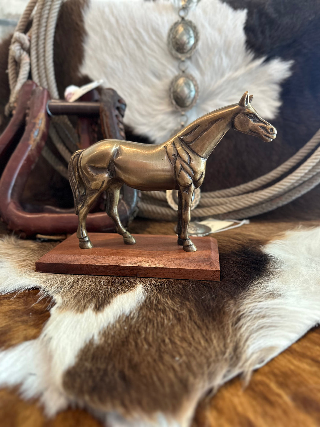 Antiqued Brass Horse on Wood Stand