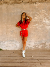 Load image into Gallery viewer, The Brazen Denim Romper in Red

