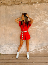 Load image into Gallery viewer, The Brazen Denim Romper in Red
