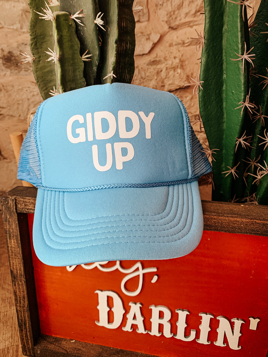 Giddy Up Trucker Hat in baby blue