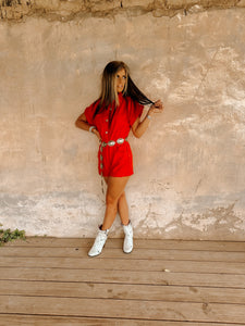 The Brazen Denim Romper in Red