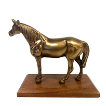 Load image into Gallery viewer, Antiqued Brass Horse on Wood Stand
