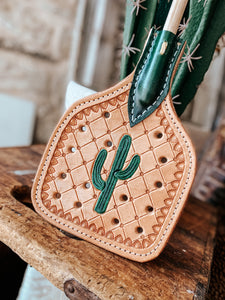 Punchy Cactus Tooled Leather Keychain